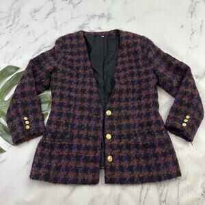 Womens Vintage 90s Houndstooth Blazer Jacket Size 10 Purple Black Wool Blend